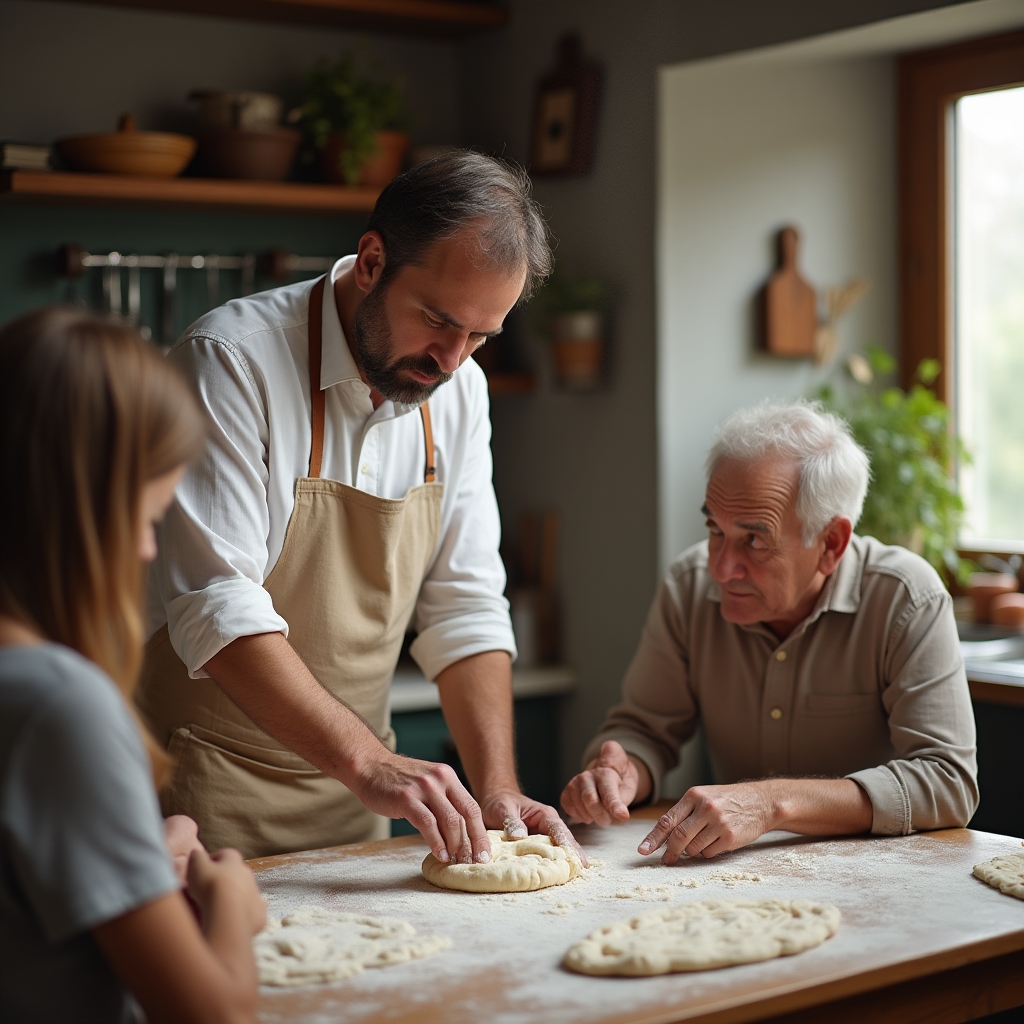 Небольшая группа участников на мастер-классе учится формовать тесто